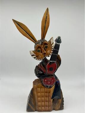 Vtg Ukranian Hand Carved Wooden Wood Rabbit Hare Cat Playing Guitar Statue 15”
